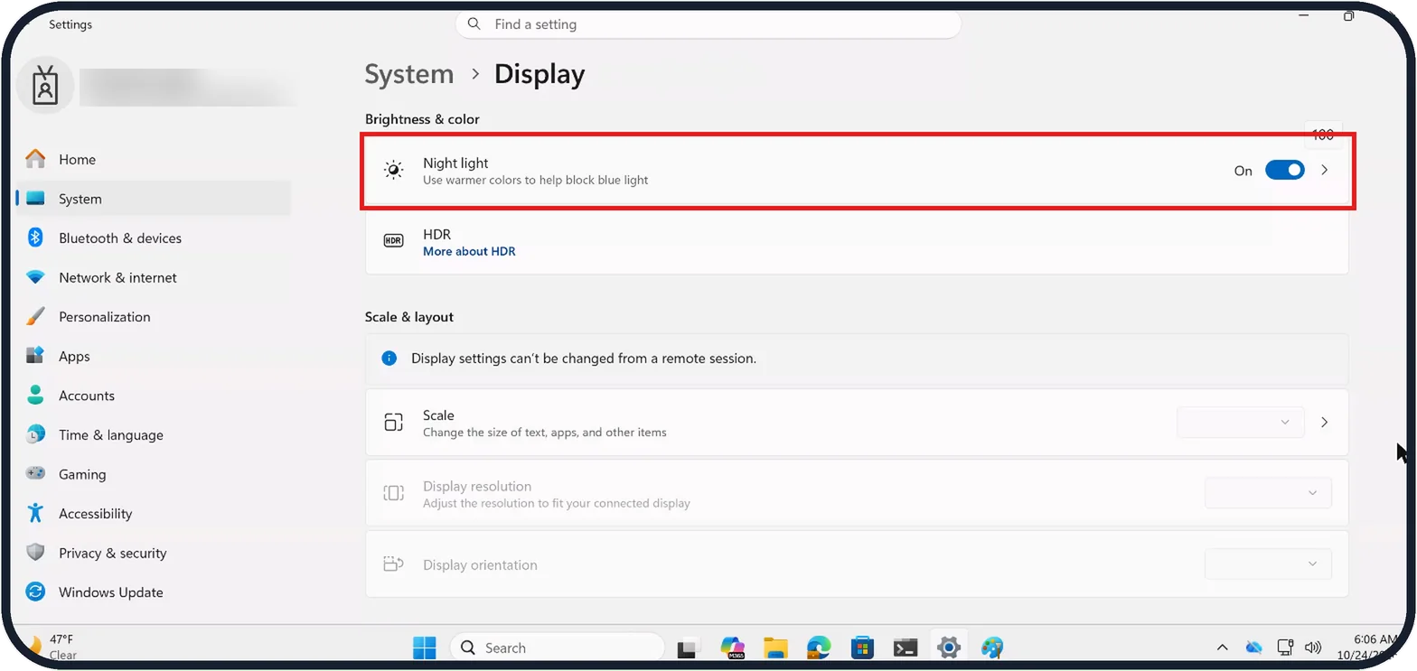 Windows screenshot: Check Night light