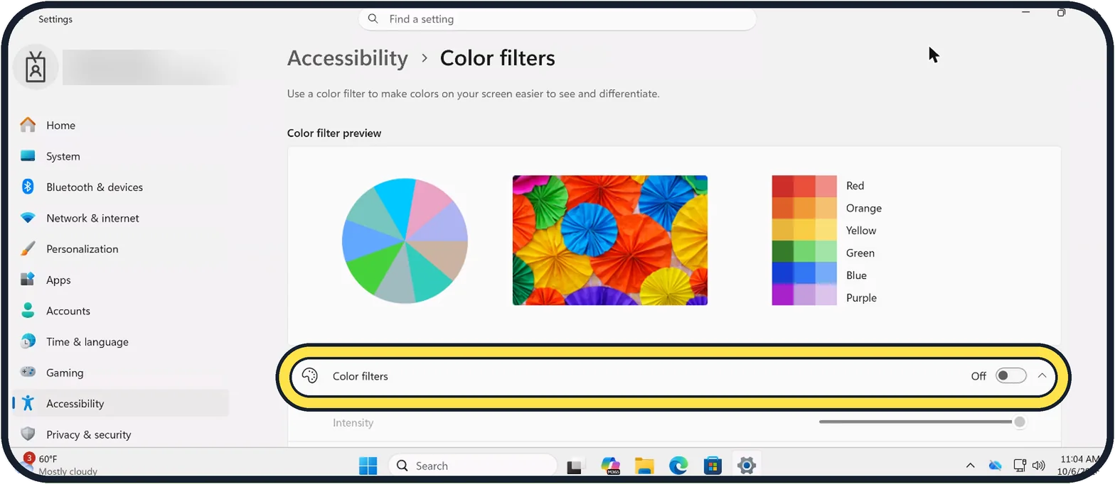 Windows screenshot: Check the colour filters
