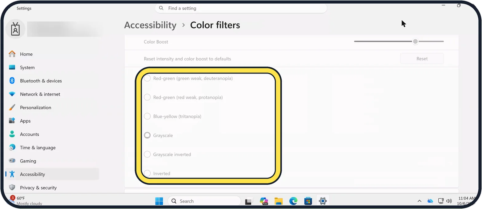Windows screenshot: See which filter was chosen