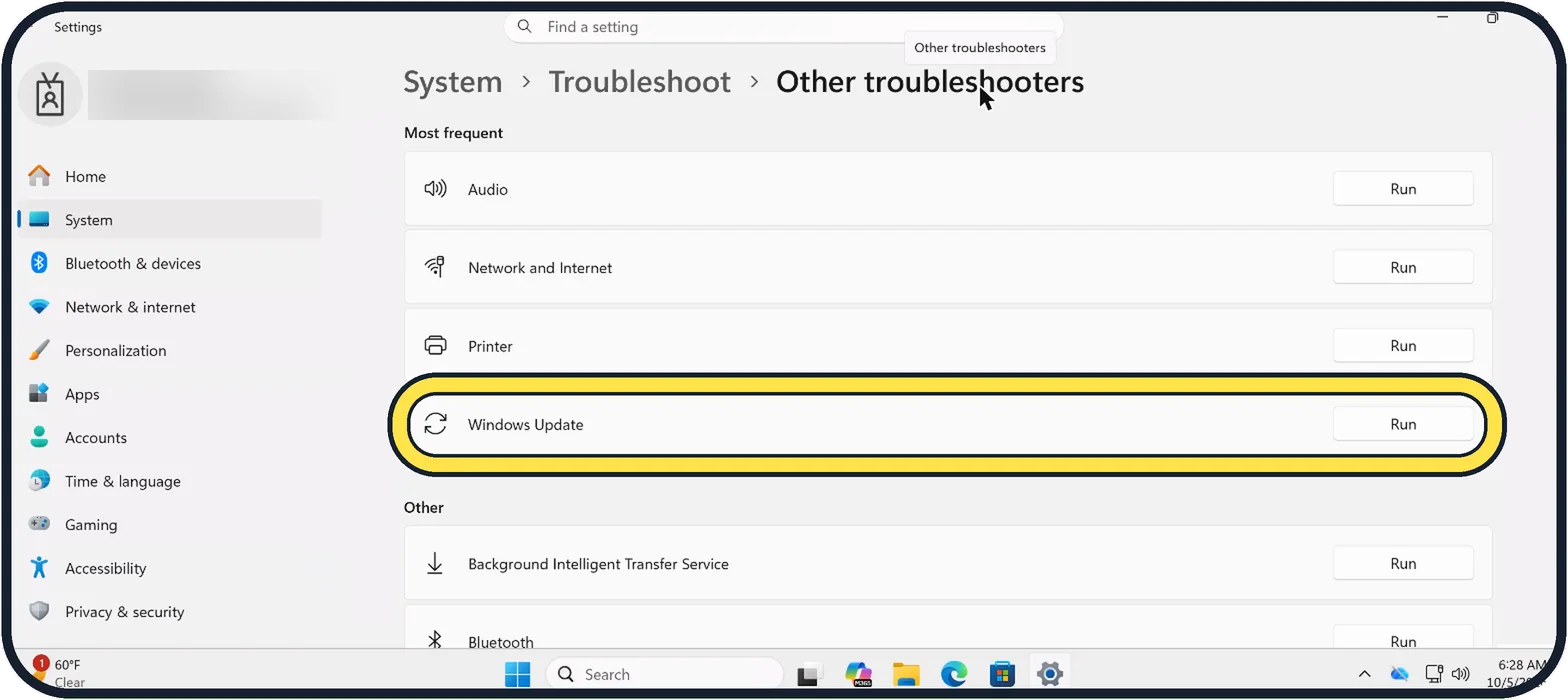 Windows screenshot: Run the Windows Update troubleshooter