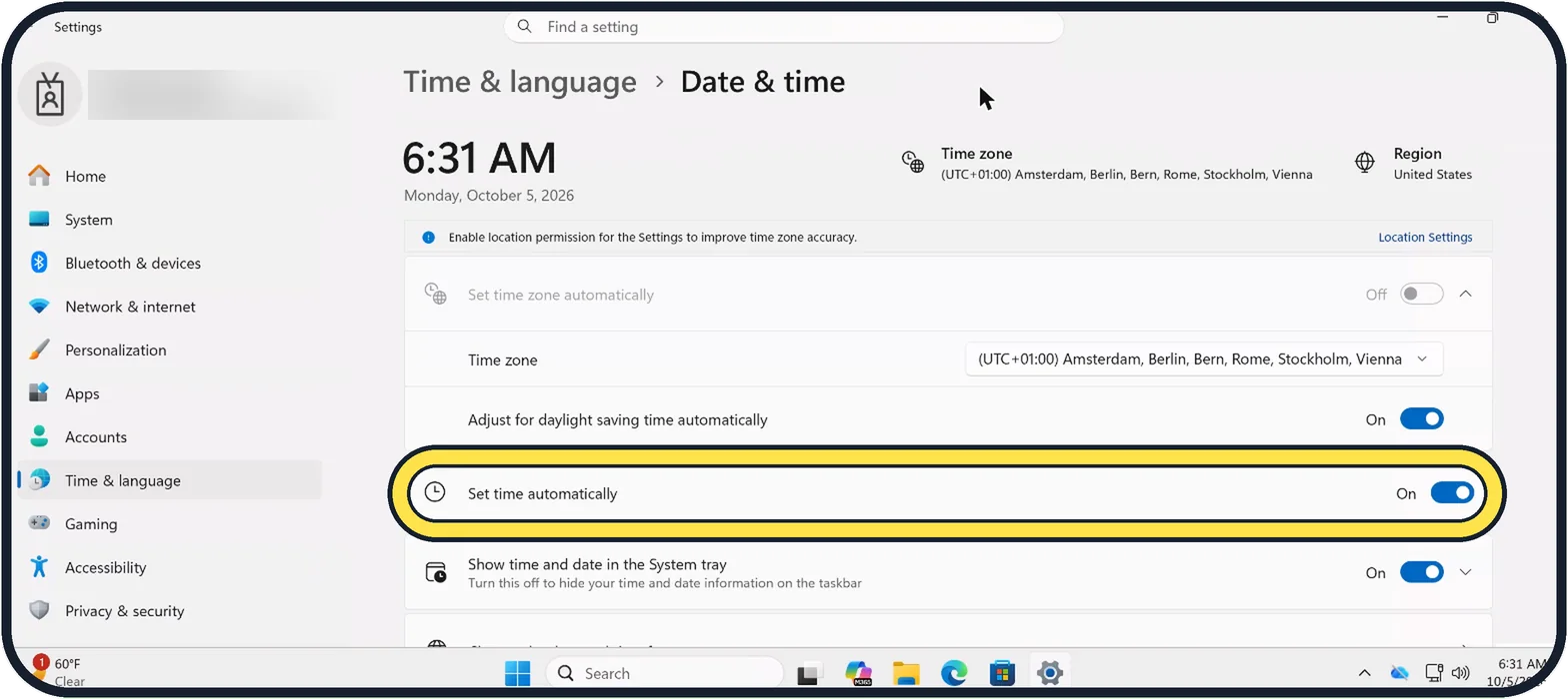Windows screenshot: Set the time automatically