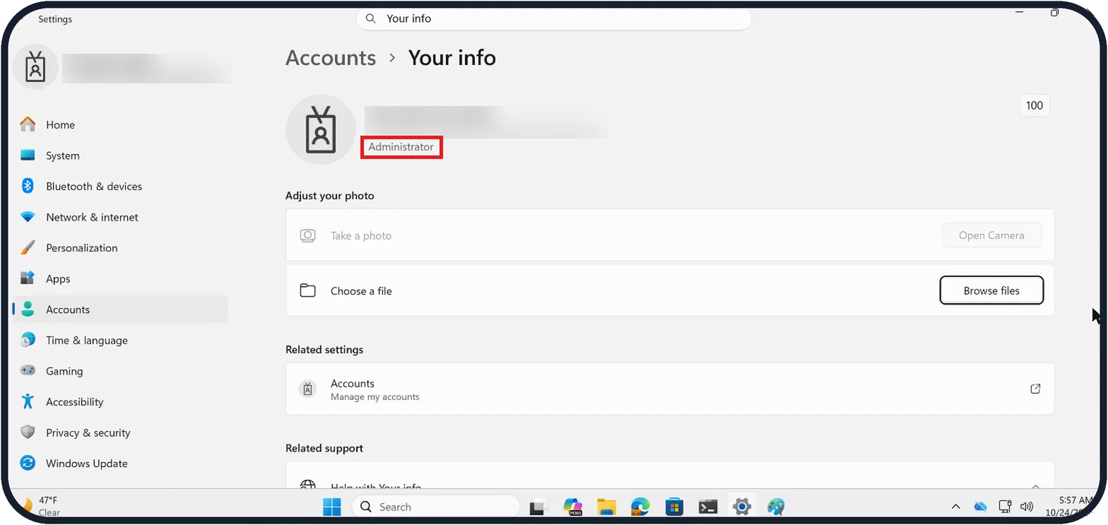 Windows screenshot: Use an administrator account
