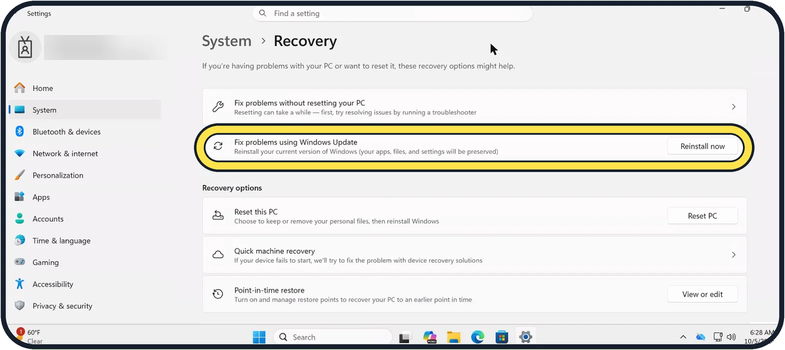 Windows screenshot: Reinstall Windows with Windows Update