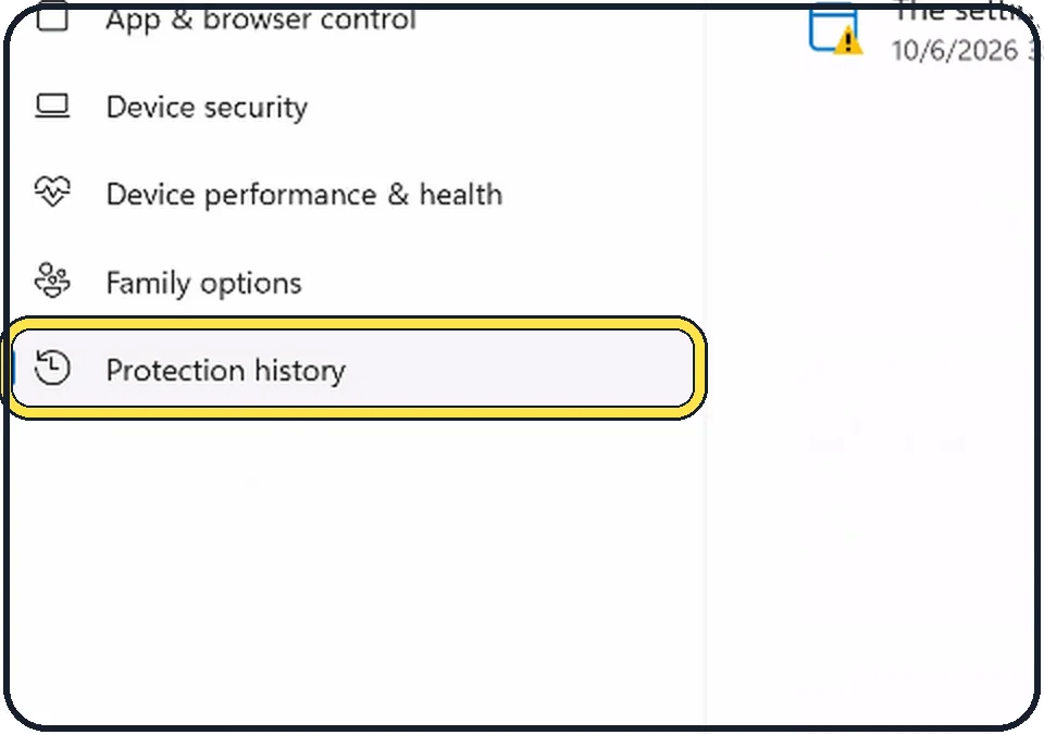 Windows screenshot: Open Protection history