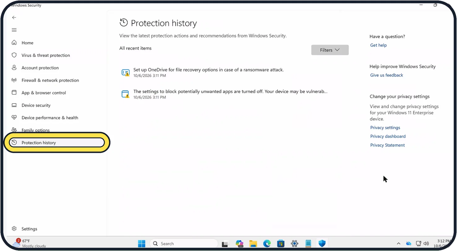 Windows screenshot: Open Protection history
