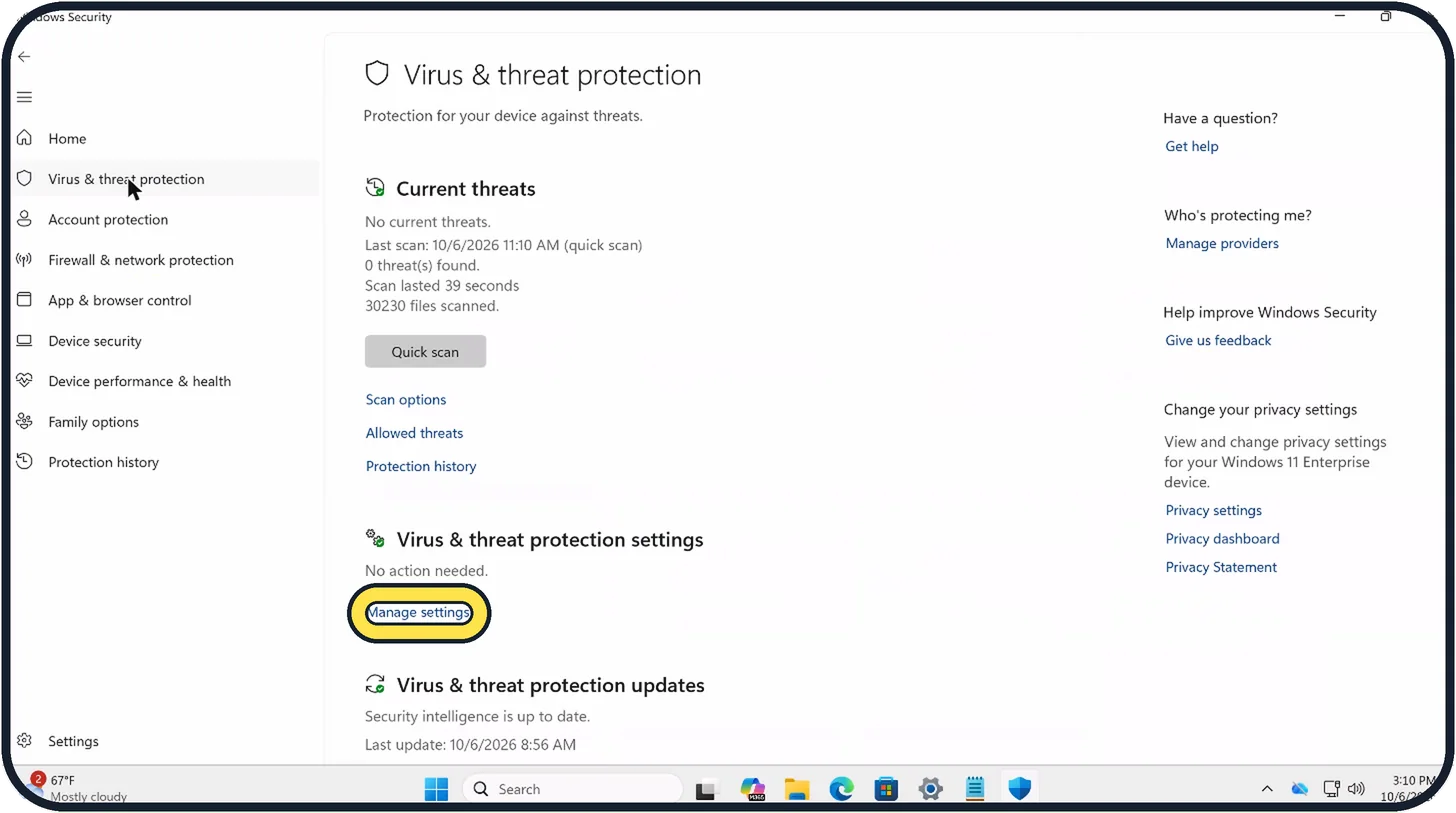 Windows screenshot: Stop Defender scanning one folder
