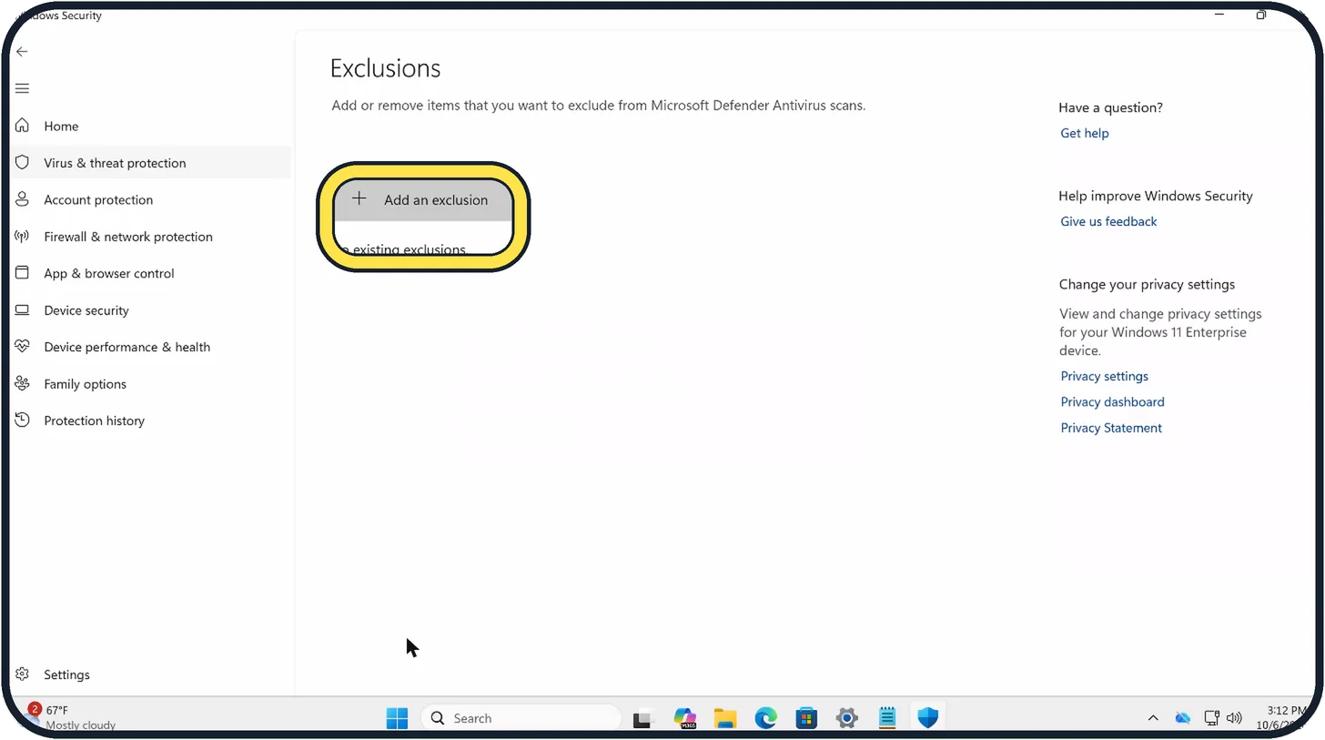 Windows screenshot: Add the exclusion