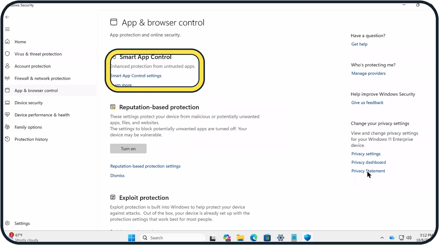 Windows screenshot: Check Smart App Control