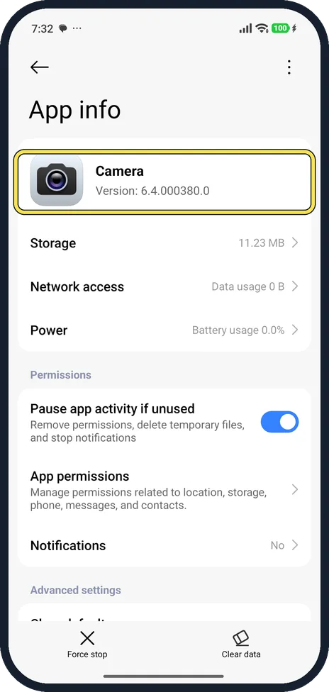 Android screenshot: Open the Camera app info