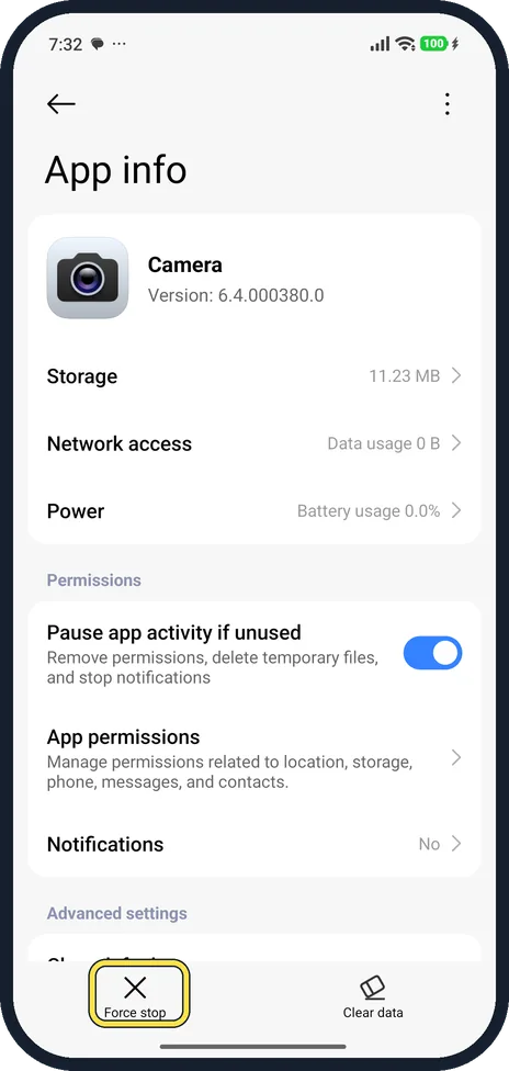 Android screenshot: Force stop the camera