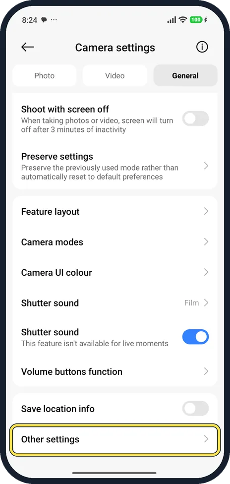 Android screenshot: Open camera Settings
