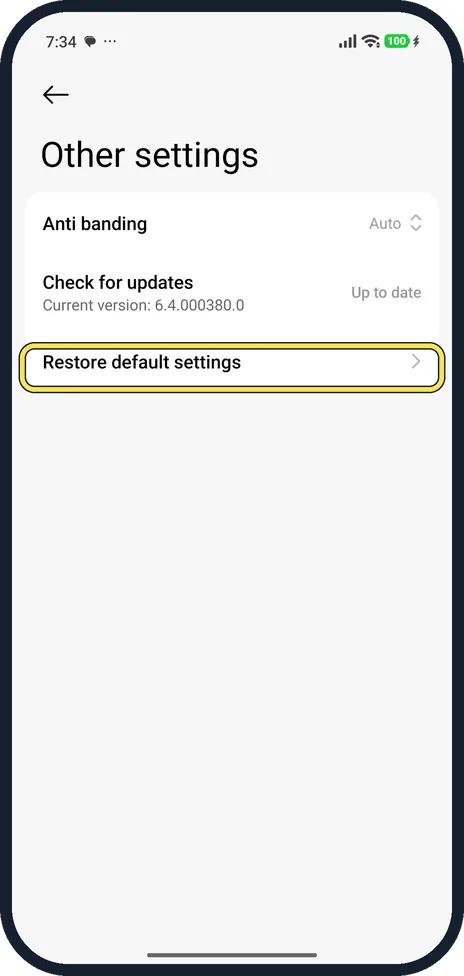 Android screenshot: Tap Restore default settings