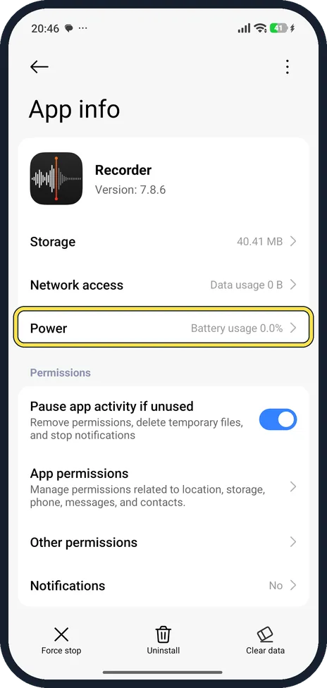 Android screenshot: Open the app's Power page