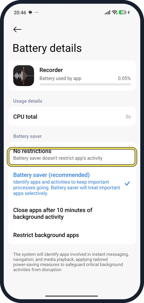 Android screenshot: Choose No restrictions