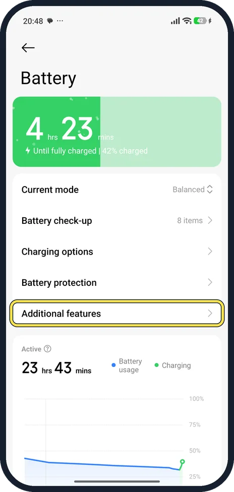 Android screenshot: Open Battery, then Additional features