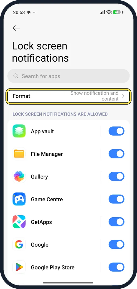 Android screenshot: Tap Format