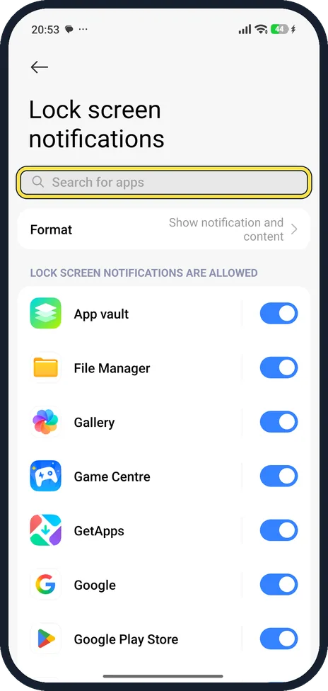 Android screenshot: Check the app's switch