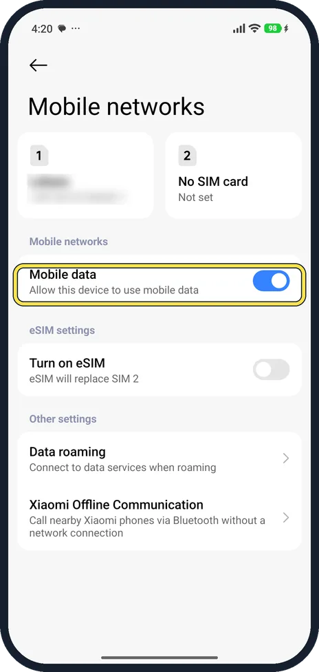 Android screenshot: Check Mobile networks