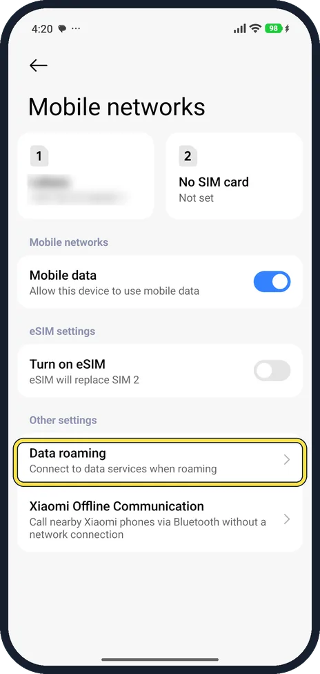 Android screenshot: Check Data roaming abroad