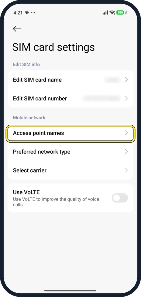 Android screenshot: Open the SIM's settings