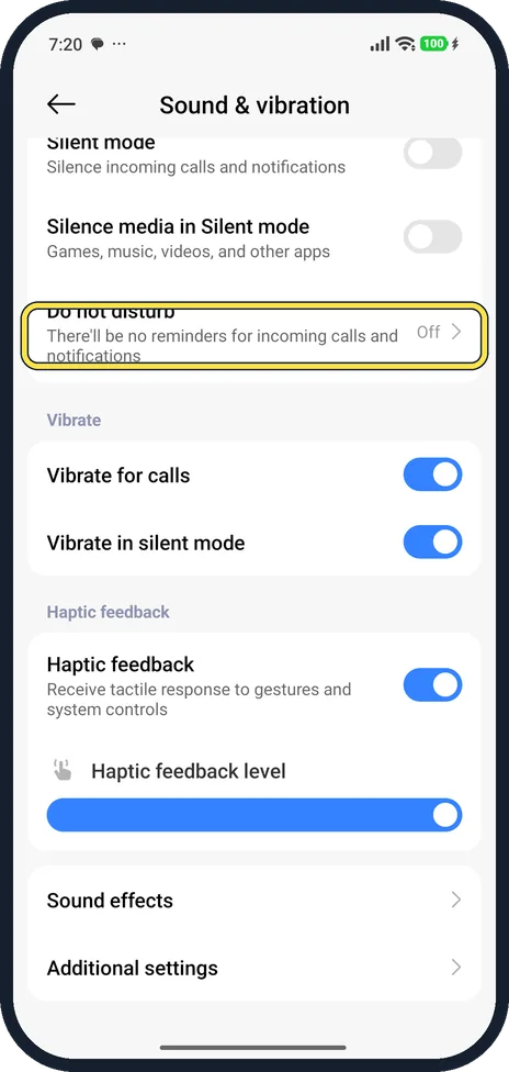 Android screenshot: Check Do not disturb