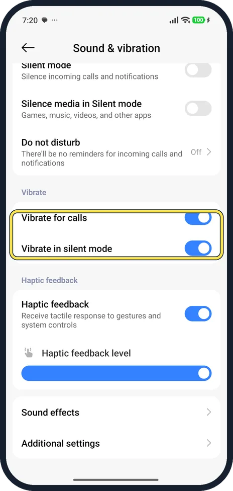 Android screenshot: Turn on vibration for calls