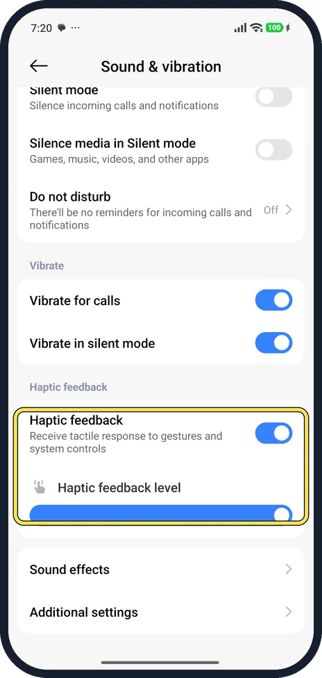 Android screenshot: Check Haptic feedback