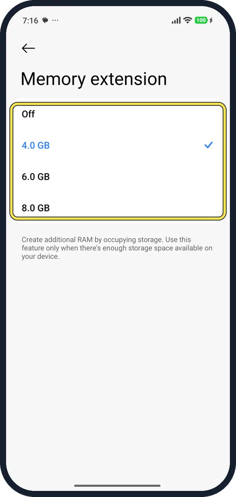 Android screenshot: Check Memory extension