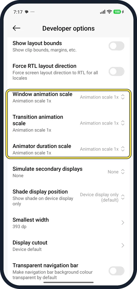 Android screenshot: Check the animation scales