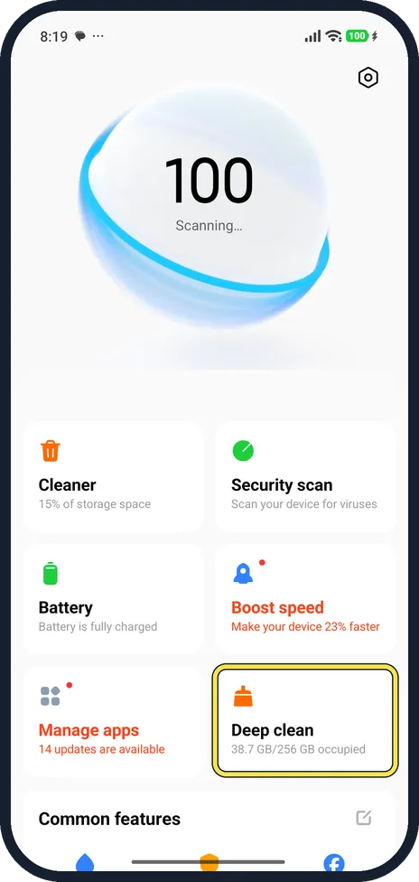 Android screenshot: Open Deep clean