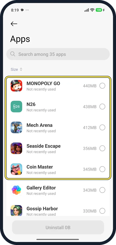 Android screenshot: Uninstall apps you don't use