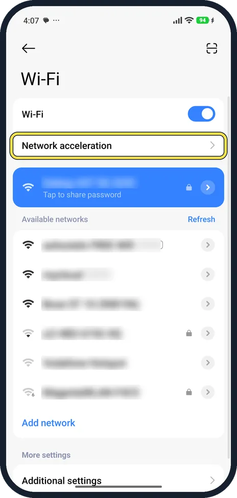 Android screenshot: Open Network acceleration