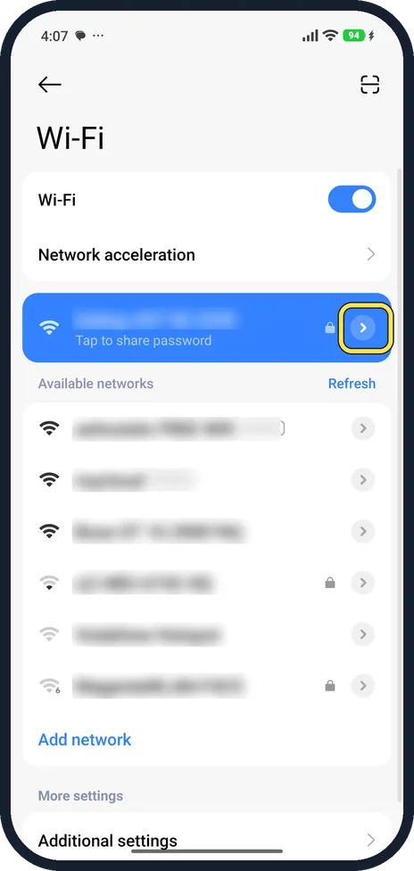 Android screenshot: Open the network's details