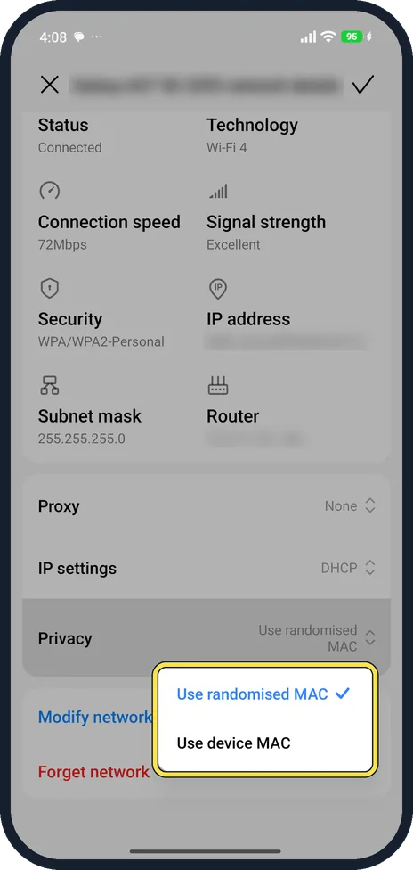 Android screenshot: Check Privacy (MAC address)