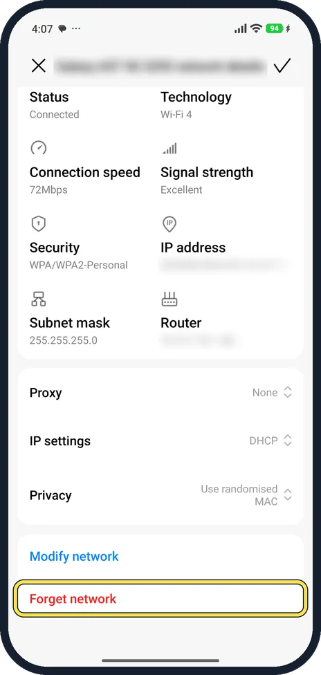 Android screenshot: Forget the network and join again