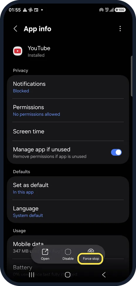 Android screenshot: Force stop YouTube