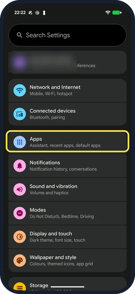 Android screenshot: Open Settings and tap Apps