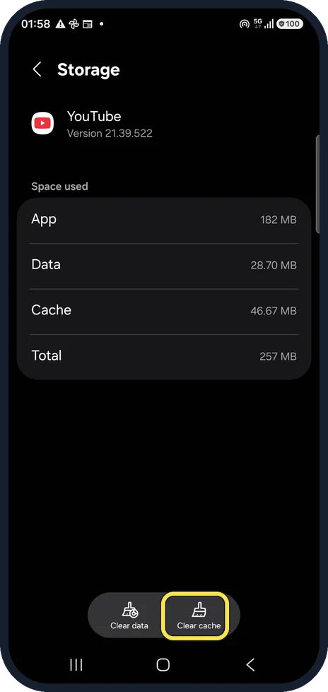 Android screenshot: Clear the cache
