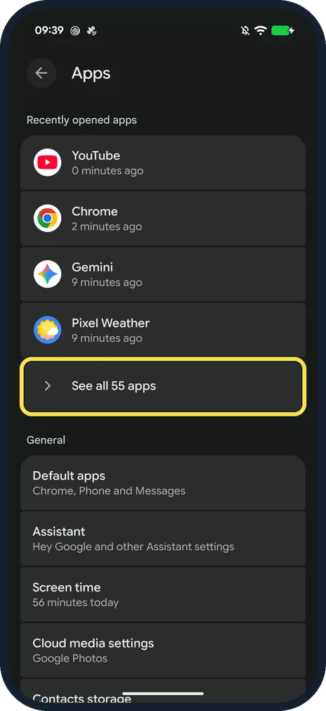 Android screenshot: Tap See all apps, then YouTube