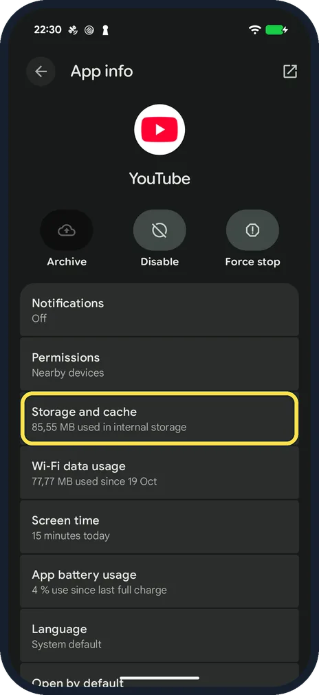 Android screenshot: Force stop, then open Storage and cache