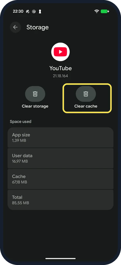 Android screenshot: Clear the cache