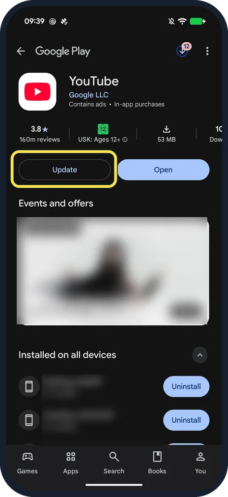 Android screenshot: Update YouTube