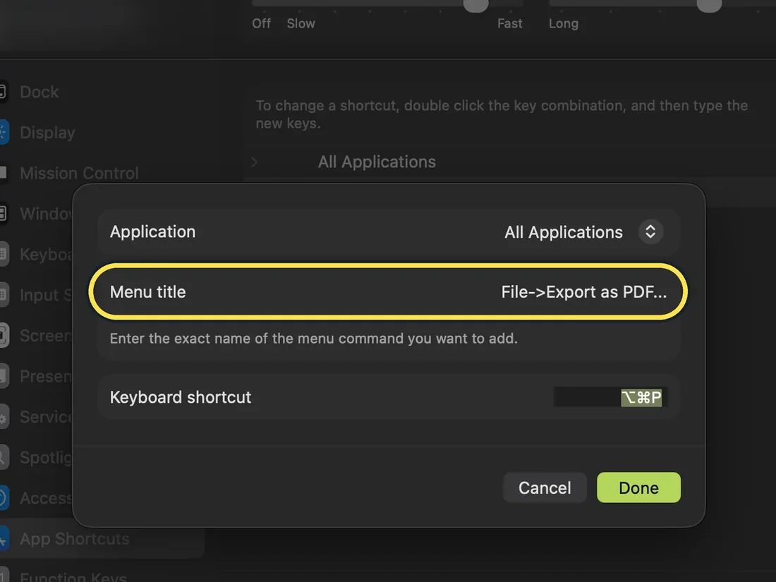 Screenshot from the guide: How to create your own keyboard shortcuts on a Mac