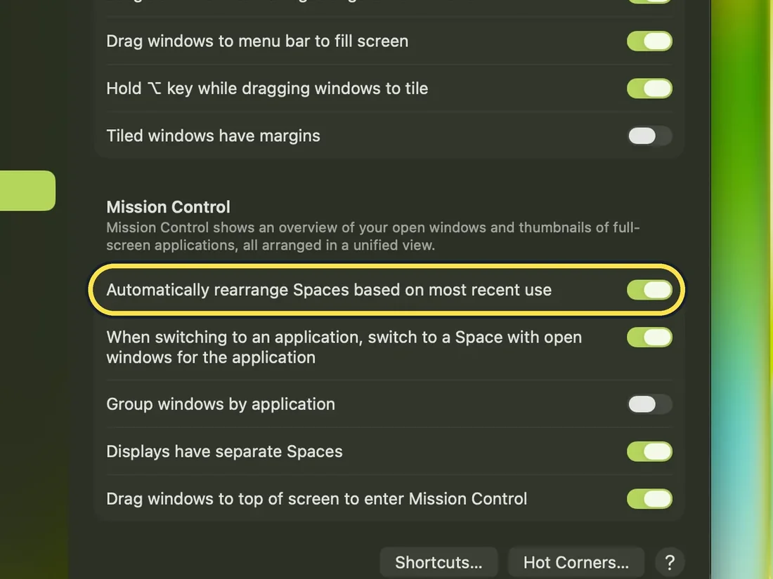 Screenshot from the guide: How to stop Spaces rearranging themselves on a Mac