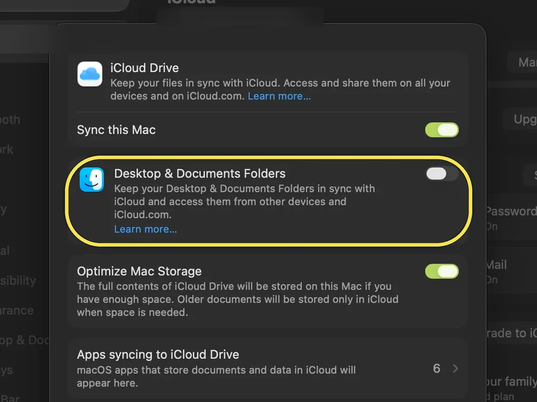 Screenshot from the guide: How to sync the Desktop and Documents folders with iCloud on a Mac