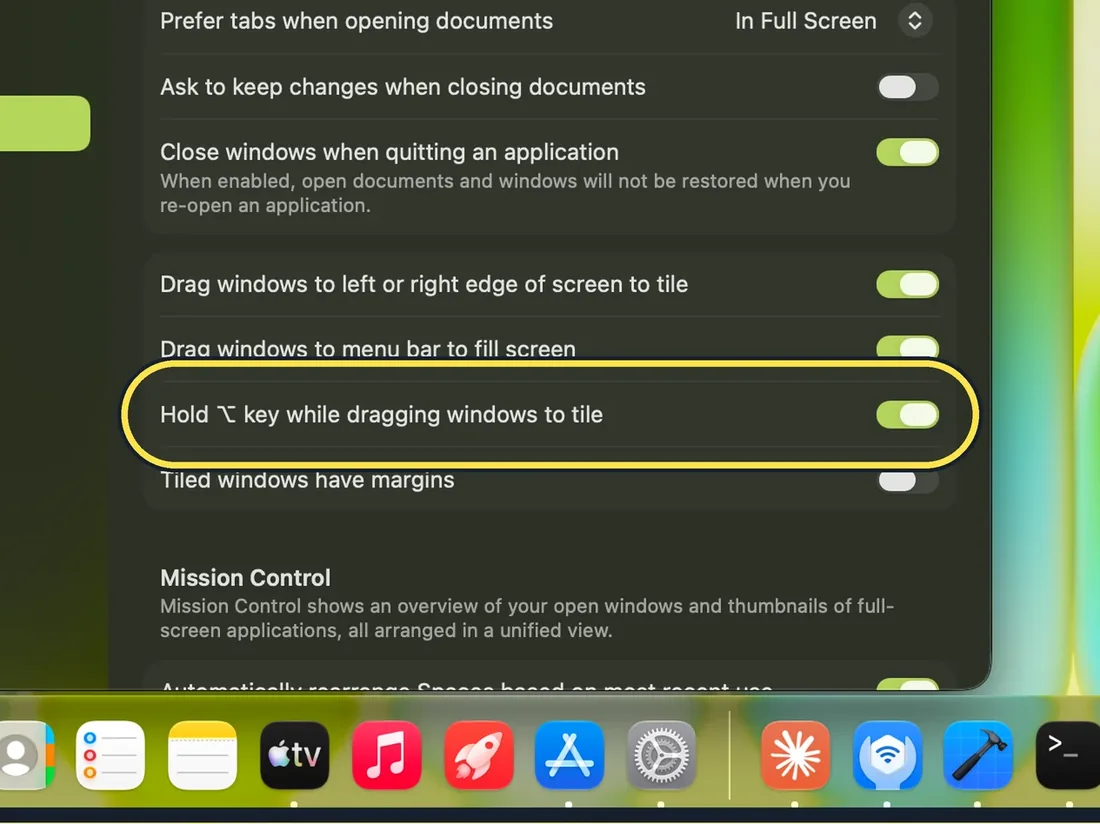 Screenshot from the guide: How to turn off window tiling when dragging on a Mac