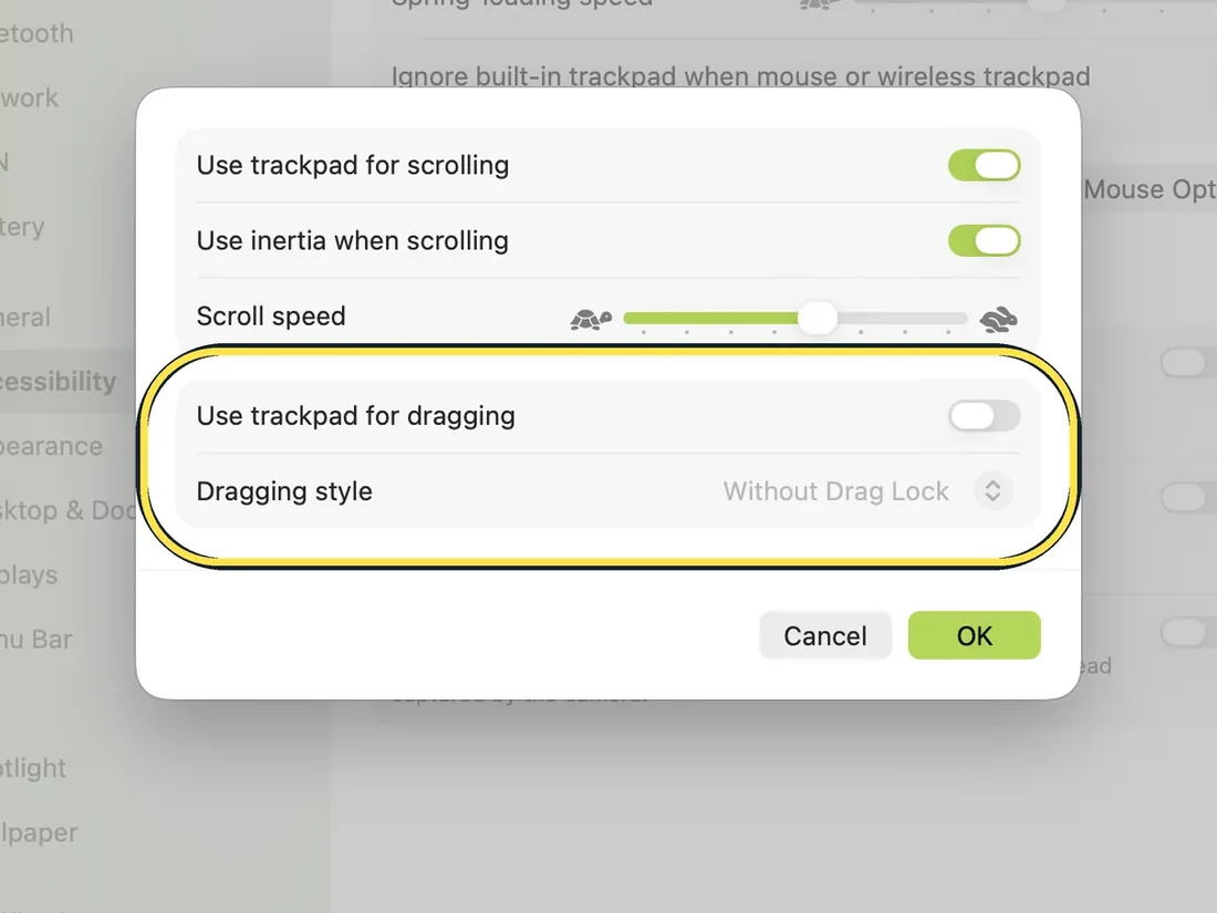 Screenshot from the guide: How to turn on three-finger drag on a Mac (macOS 27)